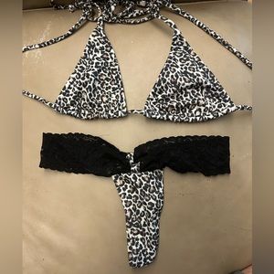 NWOT Handmade Leopard Animal Print Triangle Top Thong Bikini w/ Black Lace